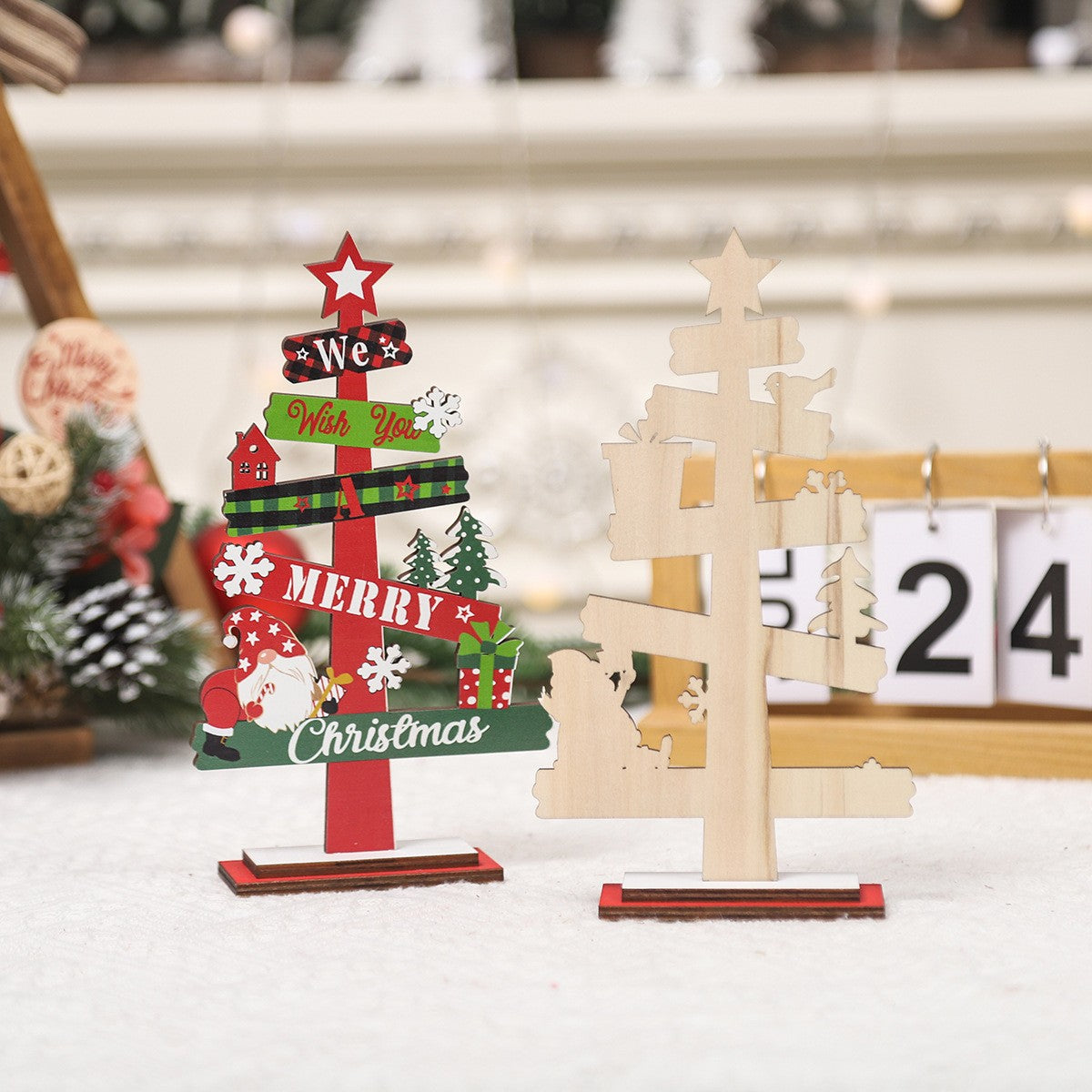 Decoratiune de Craciun din Lemn, Flippy, pentru Masa, Scris We Wish You A Merry Christmas, Model Bradut, 21.5x12.2x4 cm, Multicolor-6