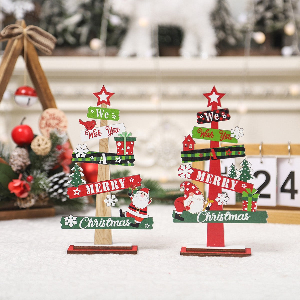Decoratiune de Craciun din Lemn, Flippy, pentru Masa, Scris We Wish You A Merry Christmas, Model Bradut, 21.5x12.2x4 cm, Multicolor-7