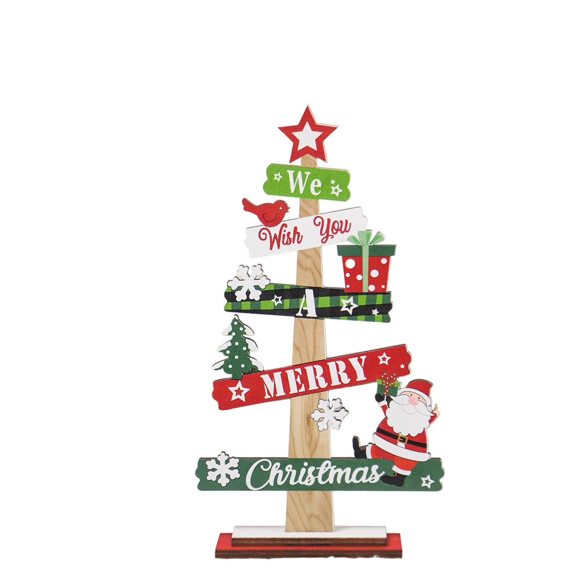 Decoratiune de Craciun din Lemn, Flippy, pentru Masa, Scris We Wish You A Merry Christmas, Model Bradut, 21.5x12.2x4 cm, Multicolor-0