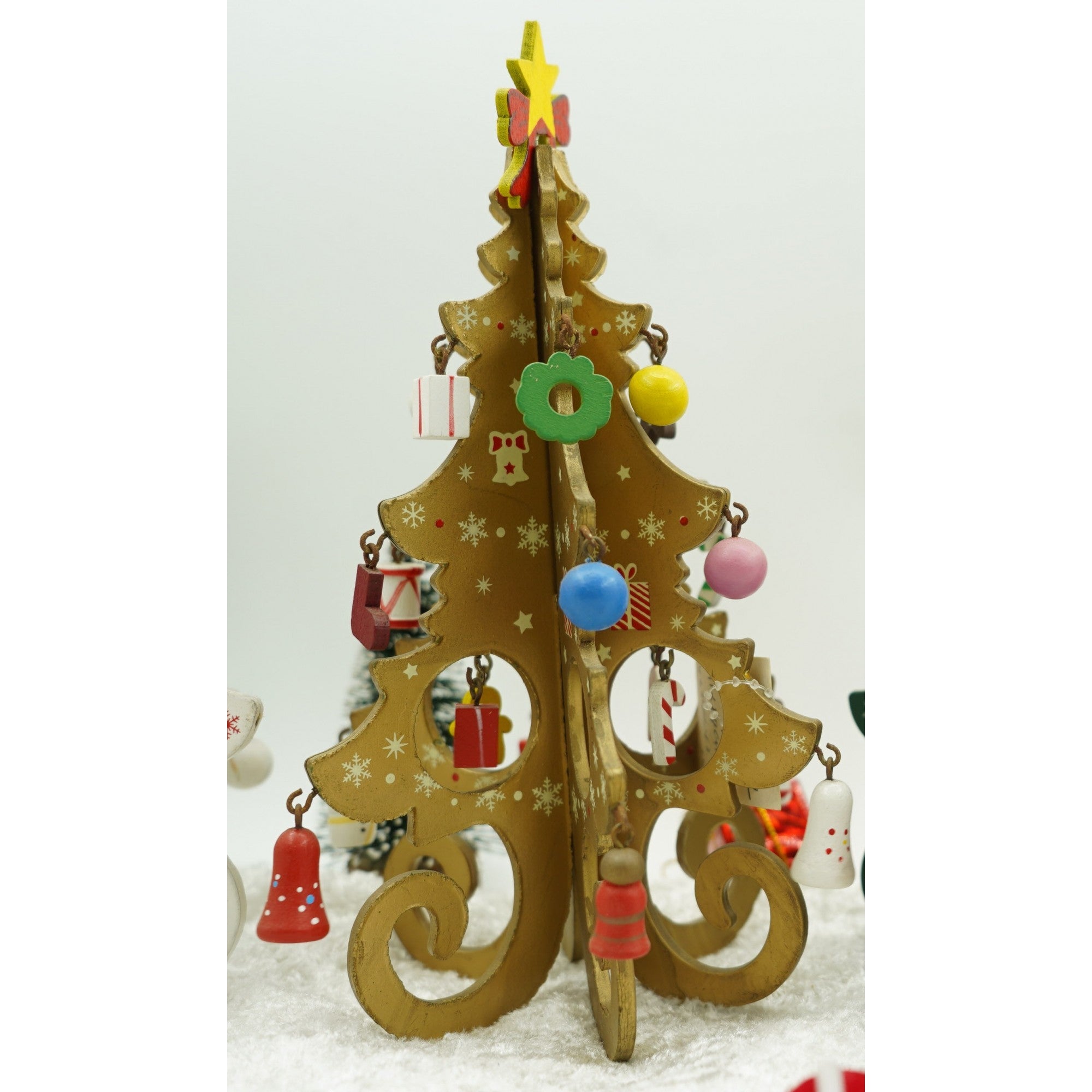 Decoratiune Craciun, Brad, Auriu, 6 cavitati cu ornamente, 12 cm x 20 cm, Lemn, Flippy-1