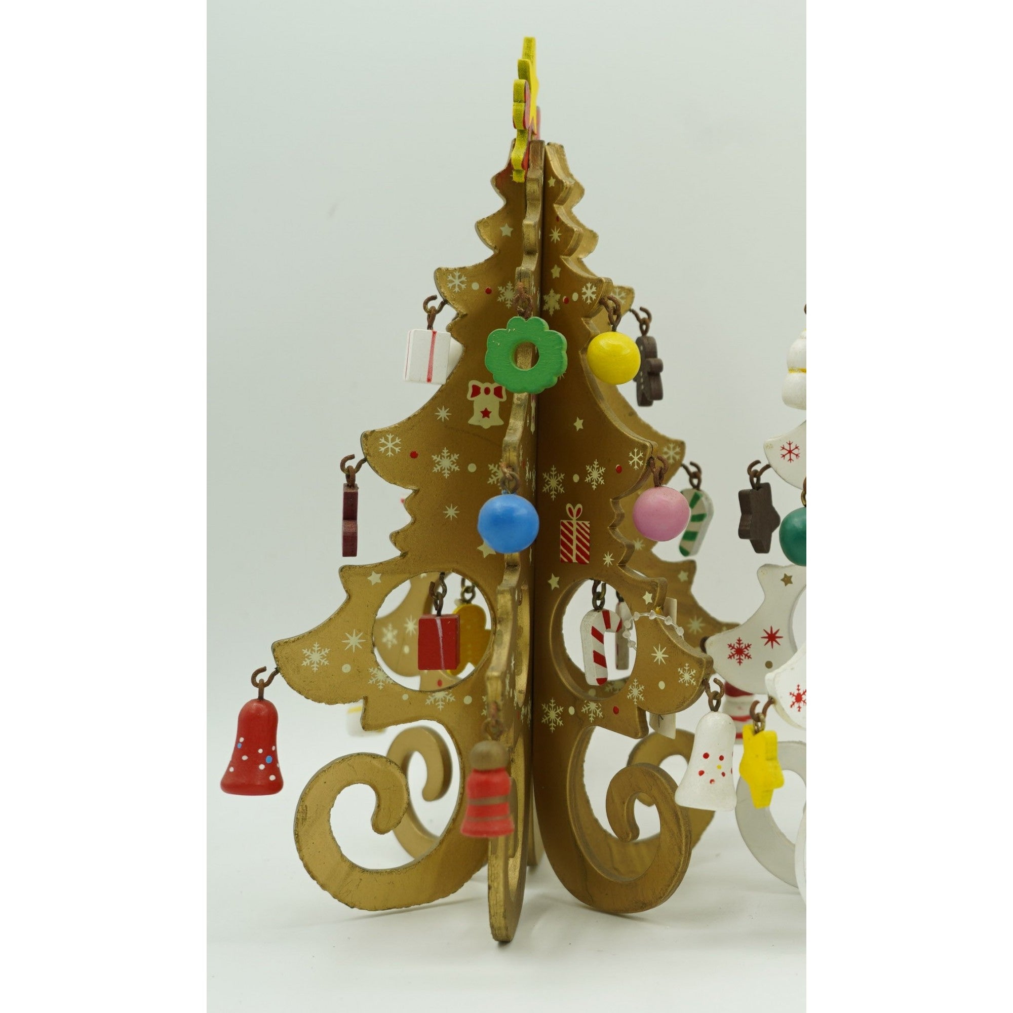 Decoratiune Craciun, Brad, Auriu, 6 cavitati cu ornamente, 12 cm x 20 cm, Lemn, Flippy-2