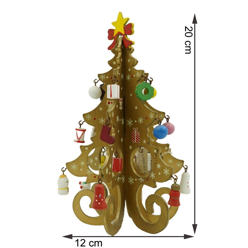 Decoratiune Craciun, Brad, Auriu, 6 cavitati cu ornamente, 12 cm x 20 cm, Lemn, Flippy-10
