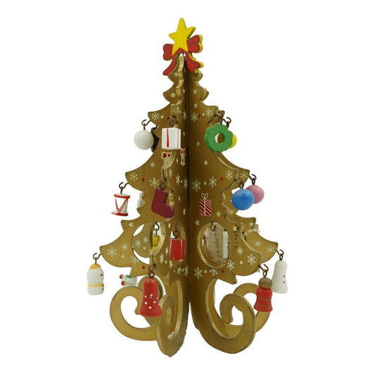 Decoratiune Craciun, Brad, Auriu, 6 cavitati cu ornamente, 12 cm x 20 cm, Lemn, Flippy-0