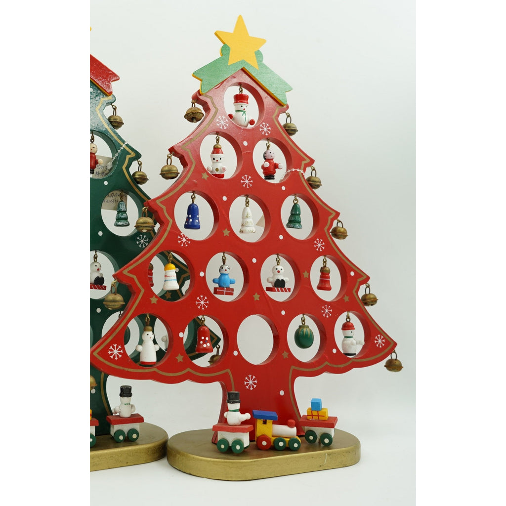 Decoratiune Craciun, Brad, Rosu, 15 cavitati cu ornamente, 25.5 cm x 33 cm, Lemn, Flippy-1