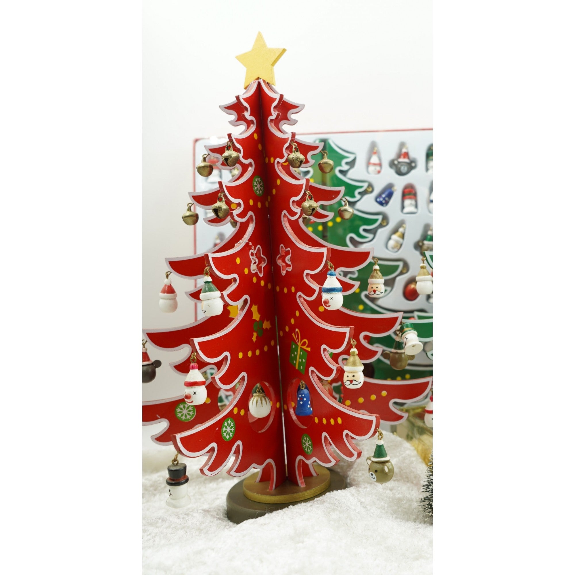 Decoratiune Craciun, Brad, Rosu/Alb, 15 cavitati cu ornamente, 25.5 cm x 33 cm, Lemn, Flippy-1