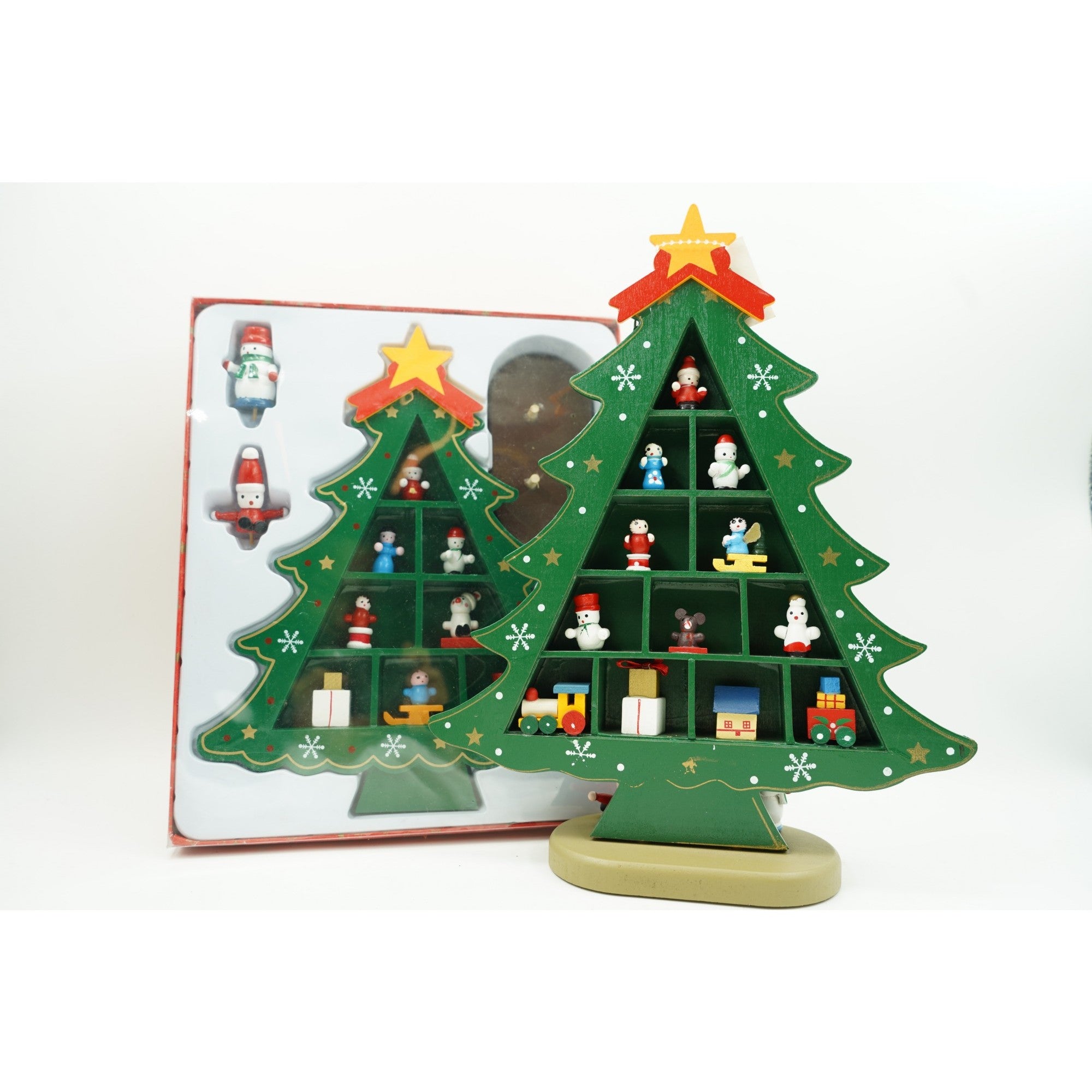 Decoratiune Craciun, Brad, Verde, 5 cavitati cu ornamente, 22 cm x 29 cm, Lemn, Flippy-2
