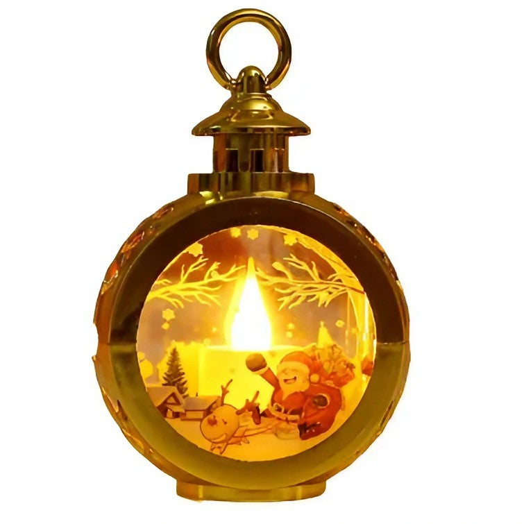 Decoratiune Craciun tip Felinare cu baterii, 13.5 x 9 cm,Lumanare cu geam si inscriptie Mos Craciun cu sanie,lumina alb cald,baterii incluse,Auriu-0