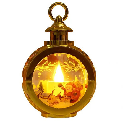 Decoratiune Craciun tip Felinare cu baterii, 13.5 x 9 cm,Lumanare cu geam si inscriptie Mos Craciun cu sanie,lumina alb cald,baterii incluse,Auriu-0
