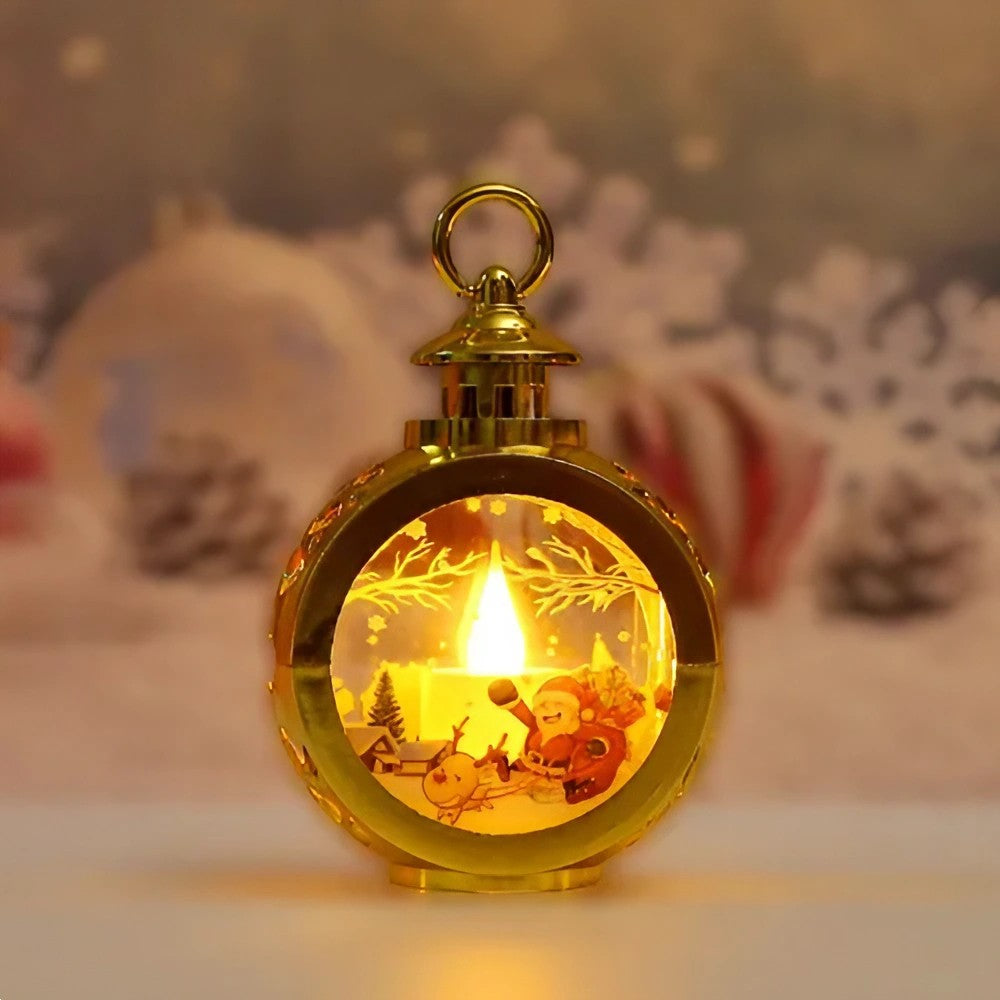 Decoratiune Craciun tip Felinare cu baterii, 13.5 x 9 cm,Lumanare cu geam si inscriptie Mos Craciun cu sanie,lumina alb cald,baterii incluse,Auriu-2