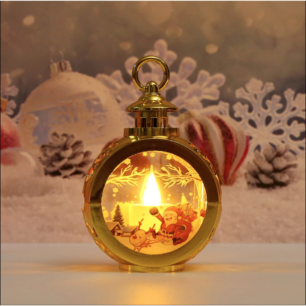 Decoratiune Craciun tip Felinare cu baterii, 13.5 x 9 cm,Lumanare cu geam si inscriptie Mos Craciun cu sanie,lumina alb cald,baterii incluse,Auriu-1