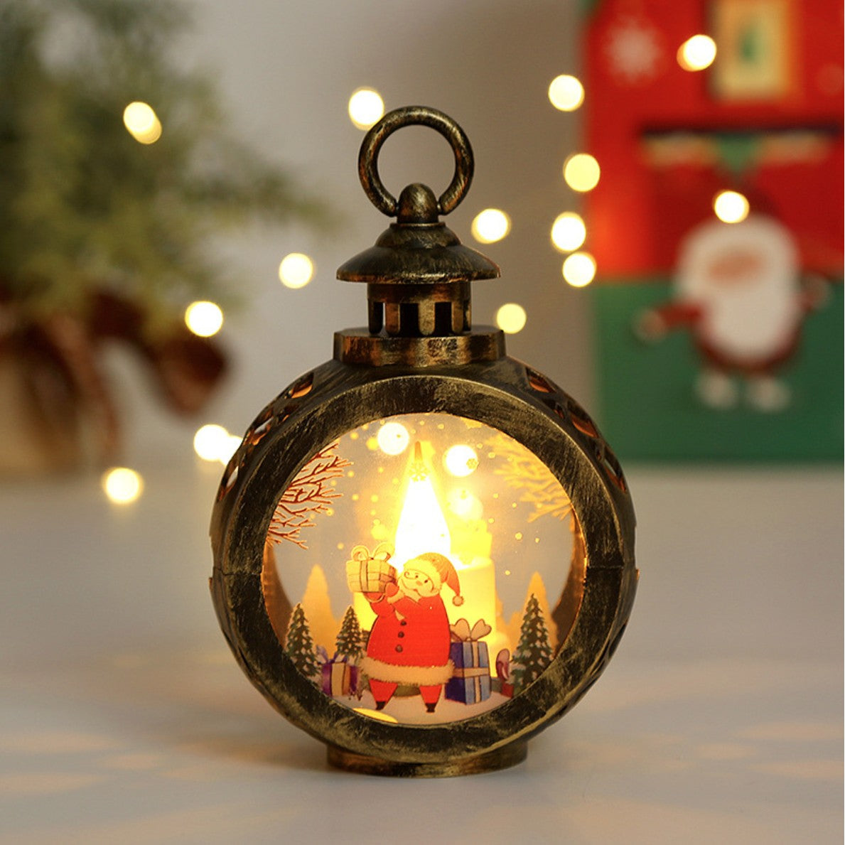 Decoratiune Craciun tip Felinare cu baterii, 13.5 x 9 cm,Lumanare cu geam si inscriptie Mos Craciun,lumina alb cald,baterii incluse,Negru Vintage-1