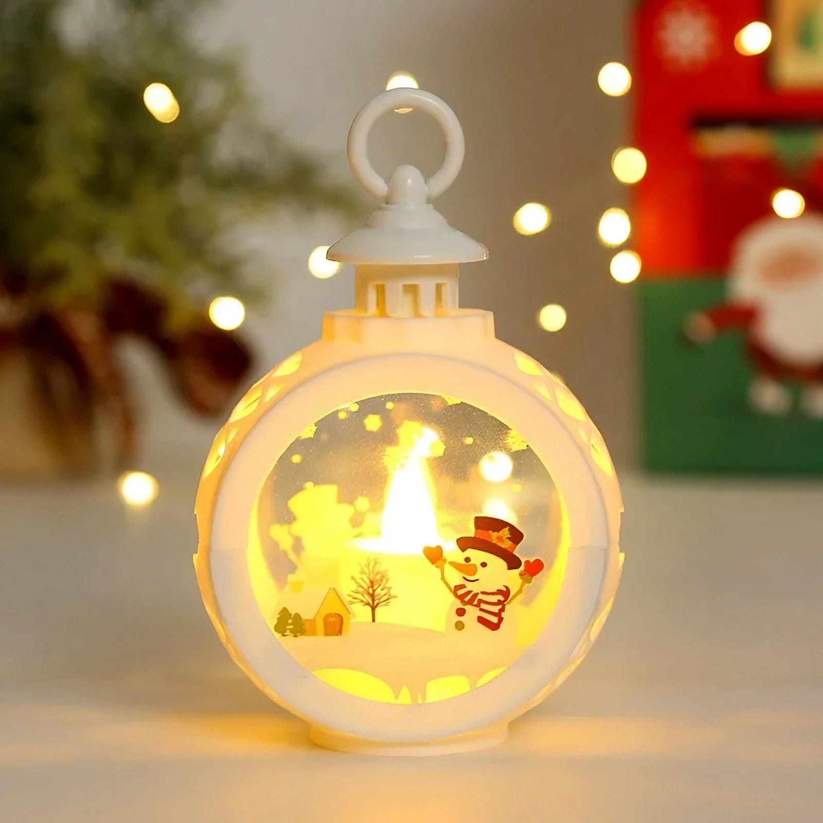 Decoratiune Craciun tip Felinare cu baterii, 13.5 x 9 cm,Lumanare cu geam si inscriptie om de zapada,lumina alb cald,baterii incluse,Alb-2