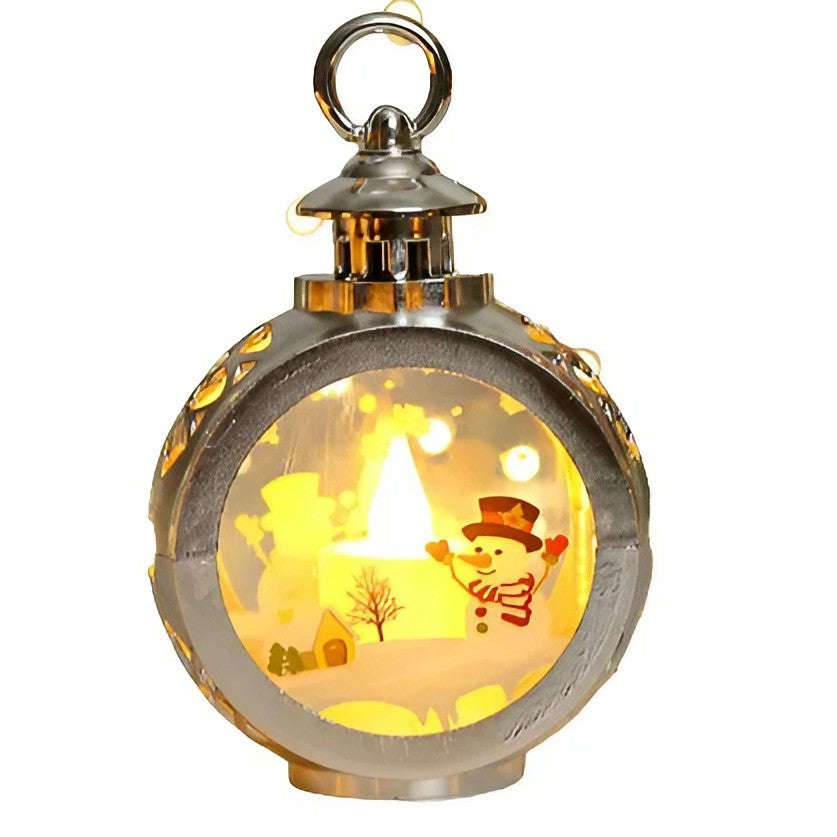 Decoratiune Craciun tip Felinare cu baterii, 13.5 x 9 cm,Lumanare cu geam si inscriptie om de zapada,lumina alb cald,baterii incluse, Argintiu-0