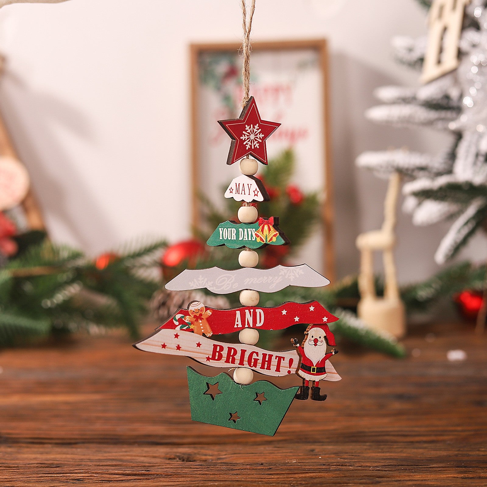 Decoratiune de Craciun din Lemn, Flippy, cu Snur pentru Agatare in Brad, Model Brad de Craciun, Scris May Your Days Be Merry And Bright, 17x12.8x0.4 cm, Multicolor-2