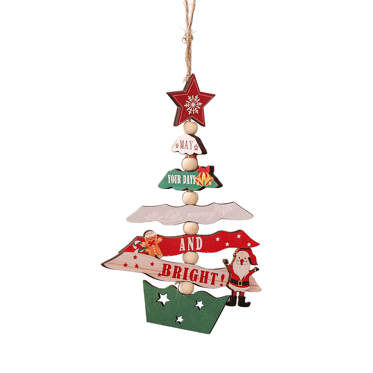 Decoratiune de Craciun din Lemn, Flippy, cu Snur pentru Agatare in Brad, Model Brad de Craciun, Scris May Your Days Be Merry And Bright, 17x12.8x0.4 cm, Multicolor-0