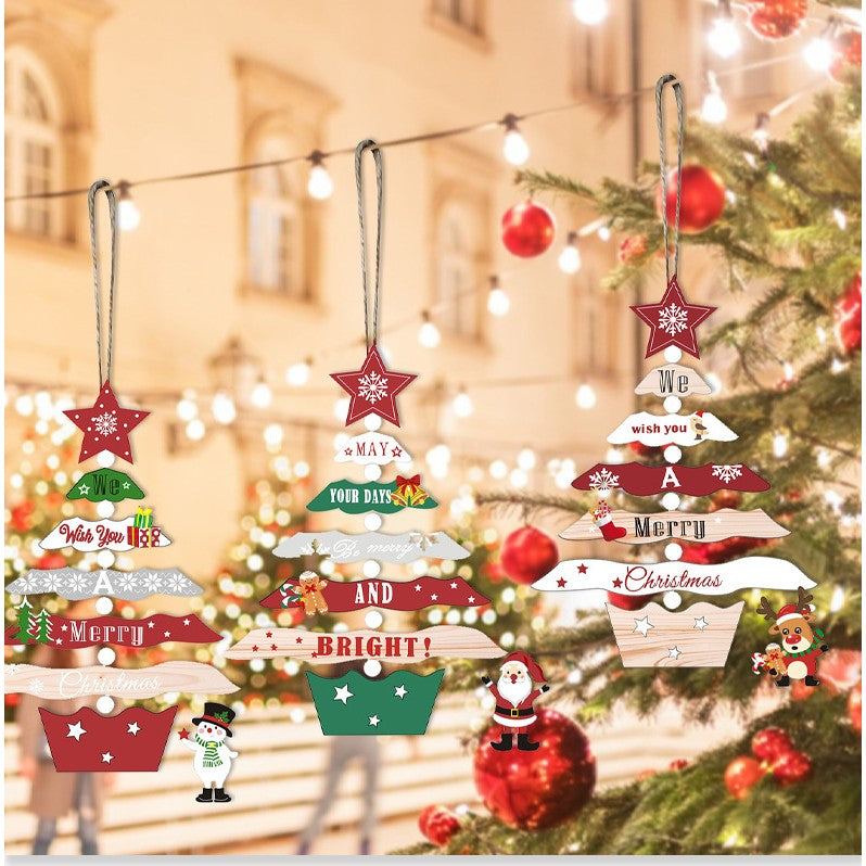 Decoratiune de Craciun din Lemn, Flippy, cu Snur pentru Agatare in Brad, Model Brad de Craciun si Om de Zapada, Scris We Wish You A Merry Christmas, 17x12.8x0.4 cm, Multicolor-1