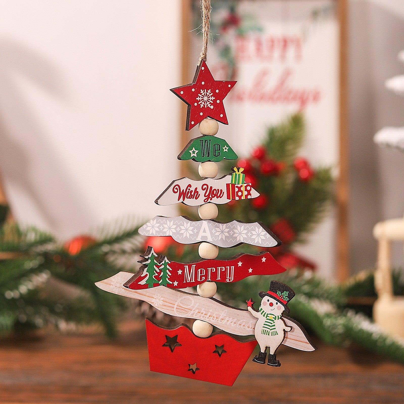 Decoratiune de Craciun din Lemn, Flippy, cu Snur pentru Agatare in Brad, Model Brad de Craciun si Om de Zapada, Scris We Wish You A Merry Christmas, 17x12.8x0.4 cm, Multicolor-2