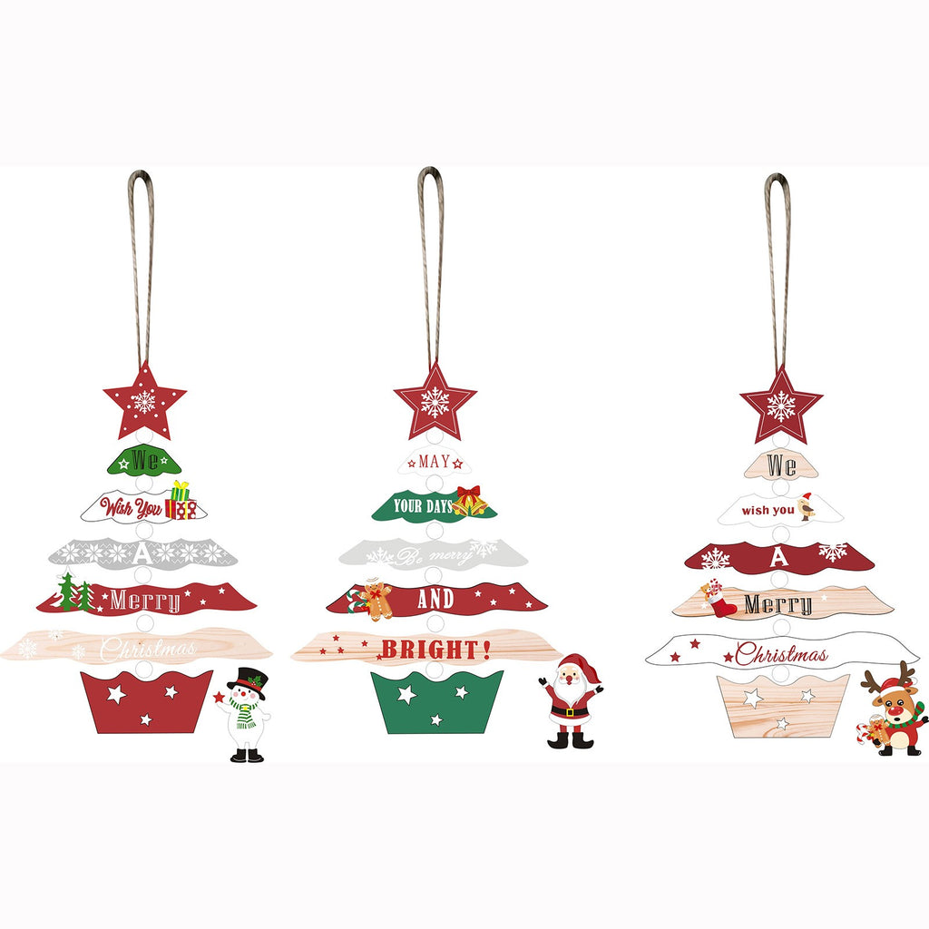 Decoratiune de Craciun din Lemn, Flippy, cu Snur pentru Agatare in Brad, Model Brad de Craciun si Om de Zapada, Scris We Wish You A Merry Christmas, 17x12.8x0.4 cm, Multicolor-3