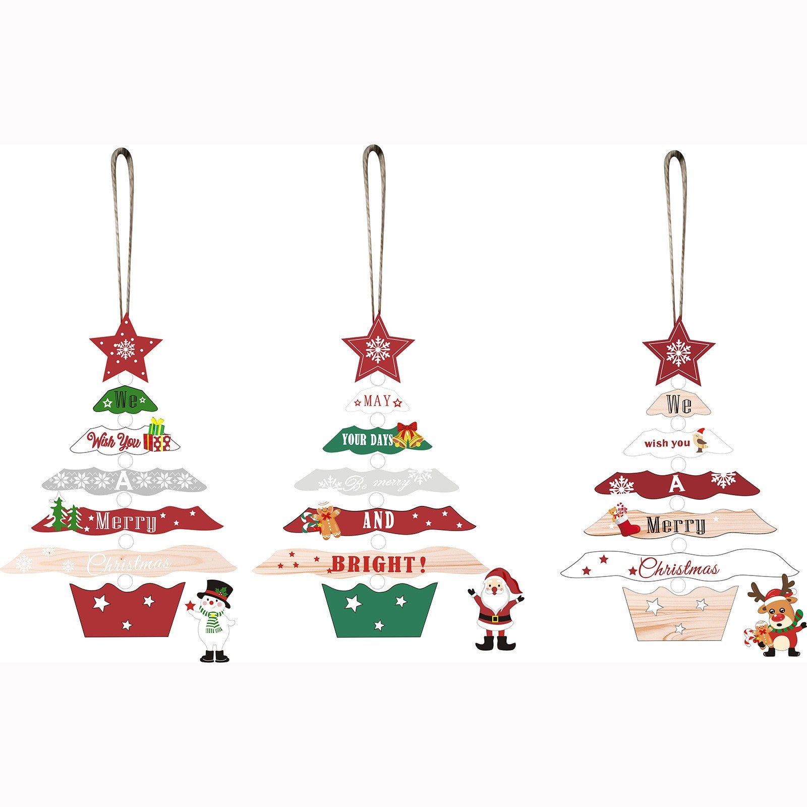 Decoratiune de Craciun din Lemn, Flippy, cu Snur pentru Agatare in Brad, Model Brad de Craciun si Om de Zapada, Scris We Wish You A Merry Christmas, 17x12.8x0.4 cm, Multicolor-3