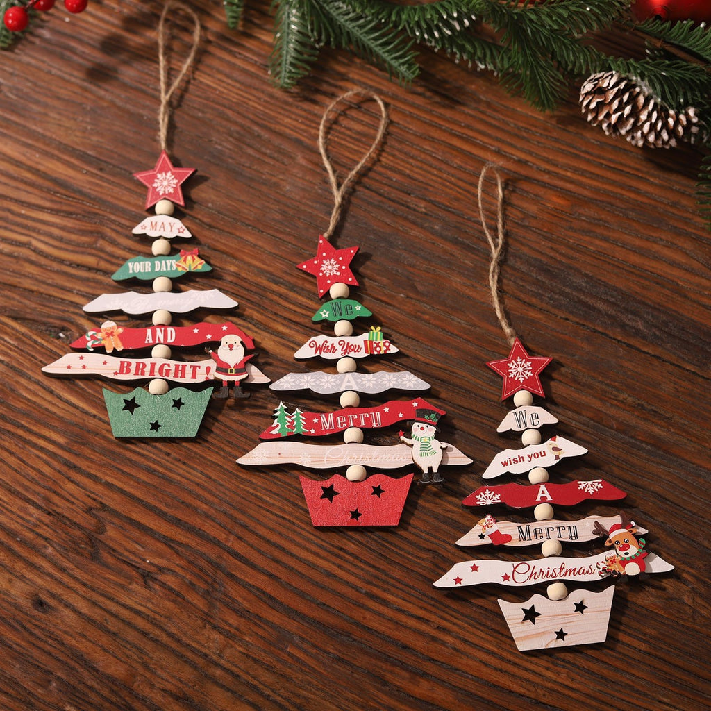 Decoratiune de Craciun din Lemn, Flippy, cu Snur pentru Agatare in Brad, Model Brad de Craciun si Om de Zapada, Scris We Wish You A Merry Christmas, 17x12.8x0.4 cm, Multicolor-5