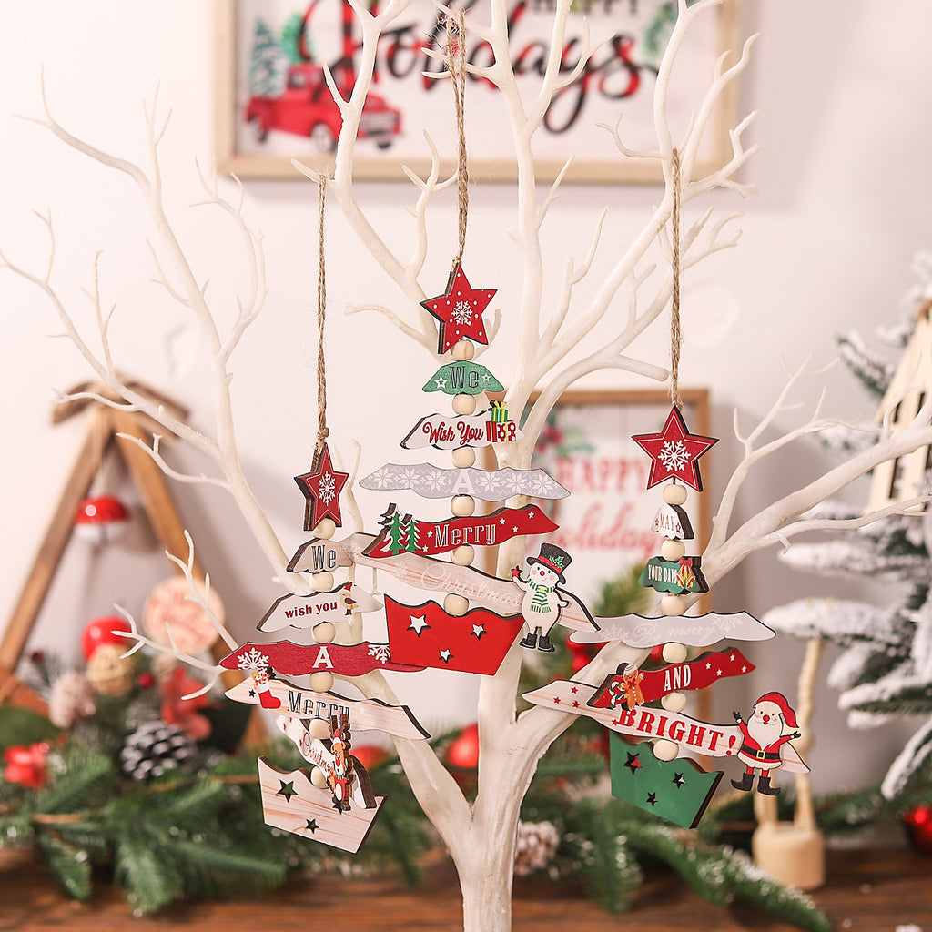 Decoratiune de Craciun din Lemn, Flippy, cu Snur pentru Agatare in Brad, Model Brad de Craciun si Om de Zapada, Scris We Wish You A Merry Christmas, 17x12.8x0.4 cm, Multicolor-6