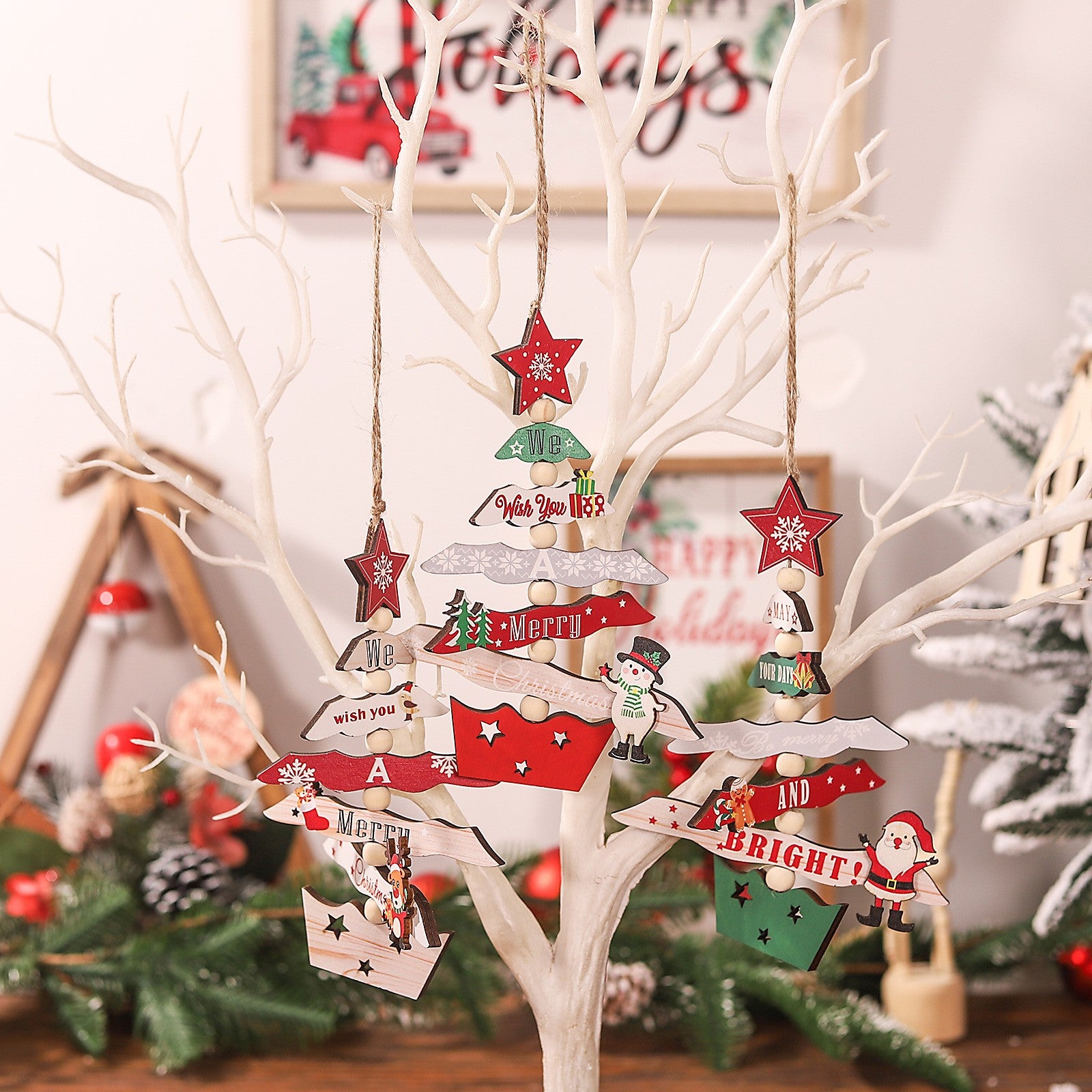 Decoratiune de Craciun din Lemn, Flippy, cu Snur pentru Agatare in Brad, Model Brad de Craciun si Om de Zapada, Scris We Wish You A Merry Christmas, 17x12.8x0.4 cm, Multicolor-6