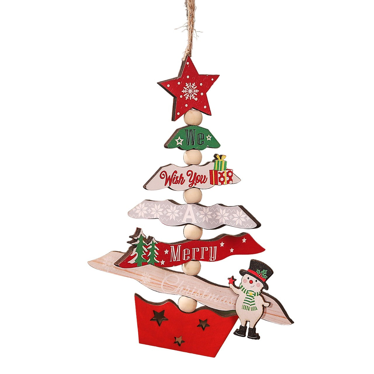 Decoratiune de Craciun din Lemn, Flippy, cu Snur pentru Agatare in Brad, Model Brad de Craciun si Om de Zapada, Scris We Wish You A Merry Christmas, 17x12.8x0.4 cm, Multicolor-0