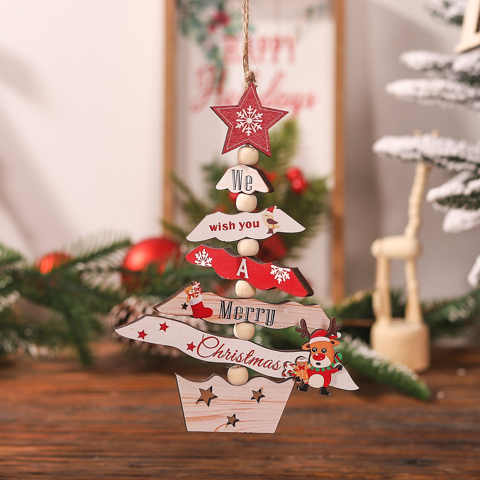 Decoratiune de Craciun din Lemn, Flippy, cu Snur pentru Agatare in Brad, Model Brad de Craciun si Ren, Scris We Wish You A Merry Christmas, 17x12.8x0.4 cm, Multicolor-2