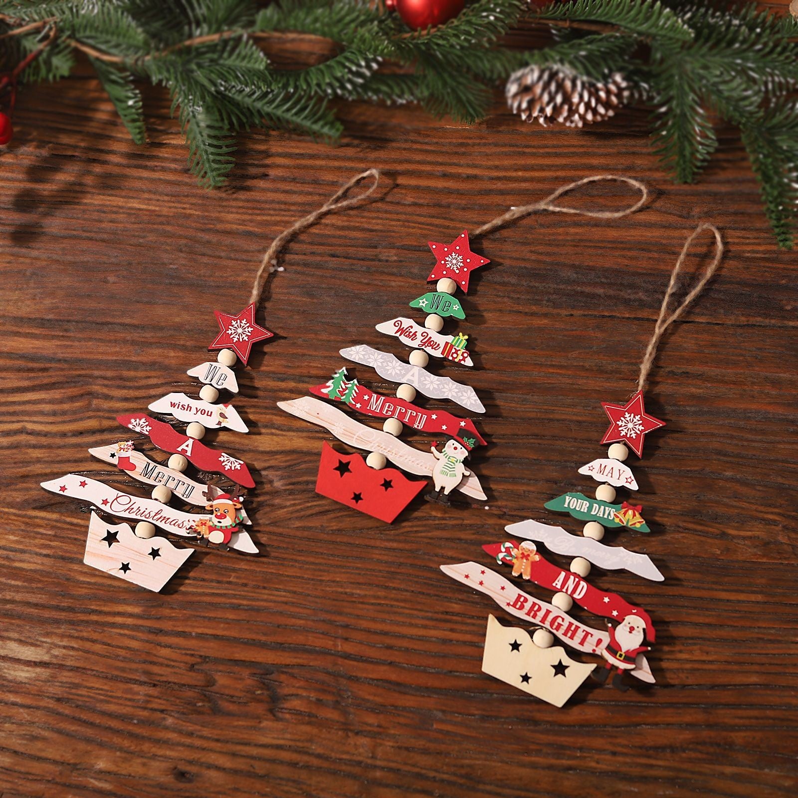 Decoratiune de Craciun din Lemn, Flippy, cu Snur pentru Agatare in Brad, Model Brad de Craciun si Ren, Scris We Wish You A Merry Christmas, 17x12.8x0.4 cm, Multicolor-4