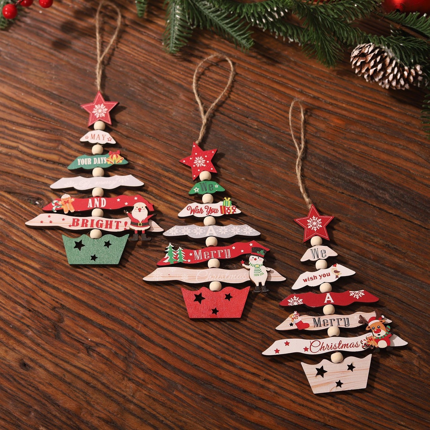 Decoratiune de Craciun din Lemn, Flippy, cu Snur pentru Agatare in Brad, Model Brad de Craciun si Ren, Scris We Wish You A Merry Christmas, 17x12.8x0.4 cm, Multicolor-5