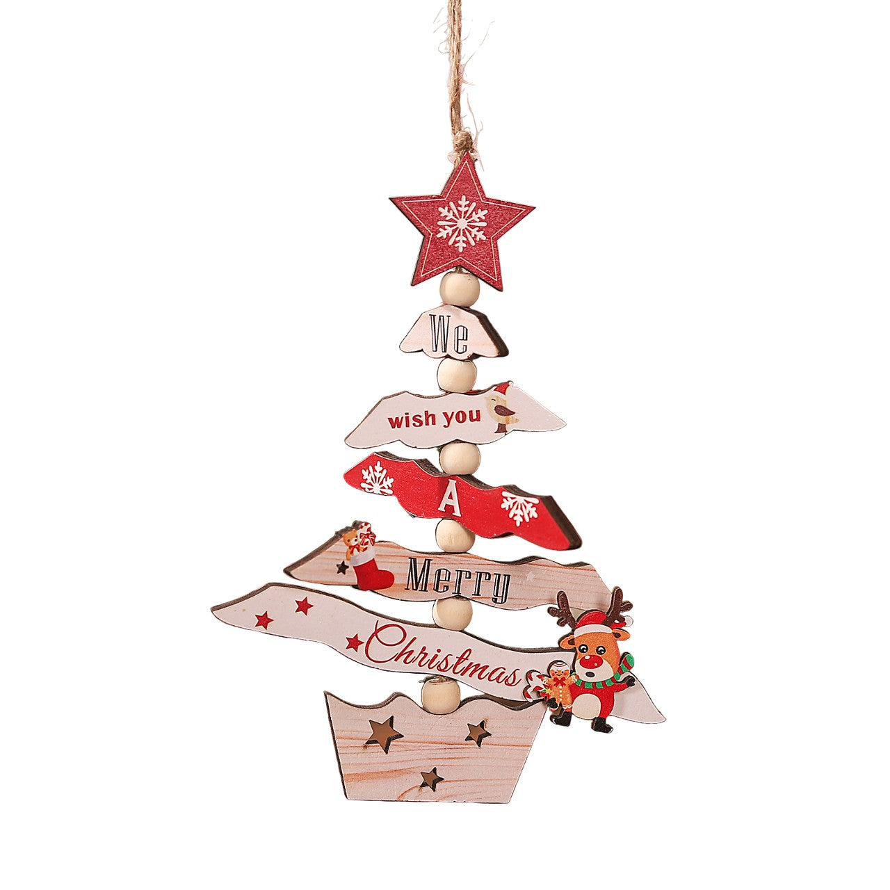 Decoratiune de Craciun din Lemn, Flippy, cu Snur pentru Agatare in Brad, Model Brad de Craciun si Ren, Scris We Wish You A Merry Christmas, 17x12.8x0.4 cm, Multicolor-0