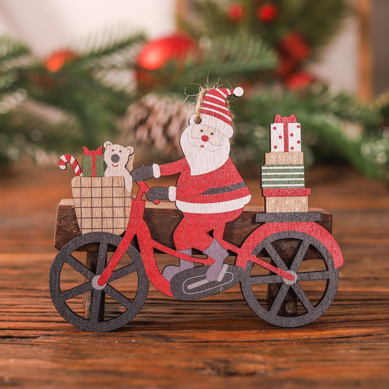Decoratiune de Craciun din Lemn, Flippy, cu Snur pentru Agatare in Brad, Model Mos Craciun pe Bicicleta, 10.3x11.5x0.5 cm, Multicolor-1