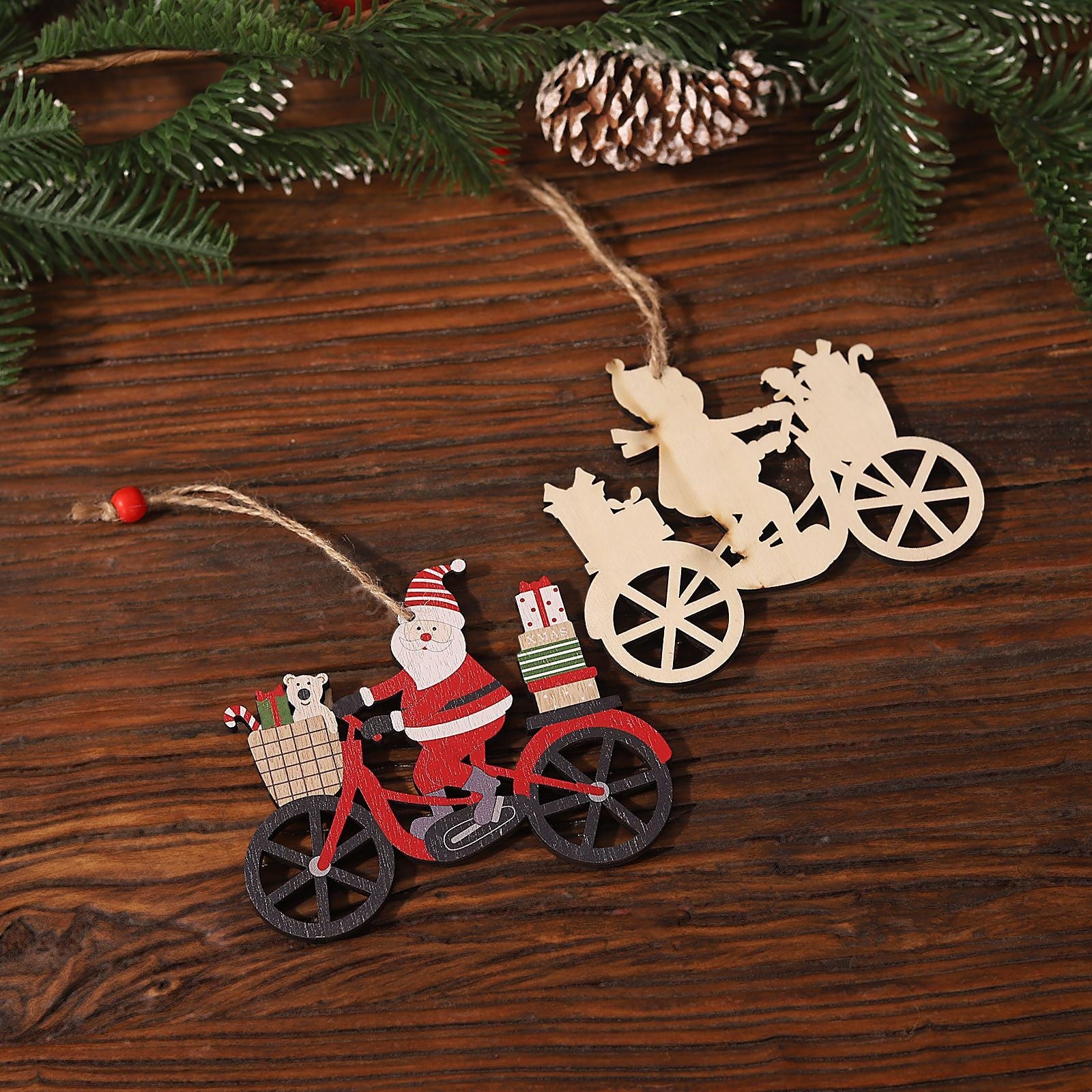 Decoratiune de Craciun din Lemn, Flippy, cu Snur pentru Agatare in Brad, Model Mos Craciun pe Bicicleta, 10.3x11.5x0.5 cm, Multicolor-3