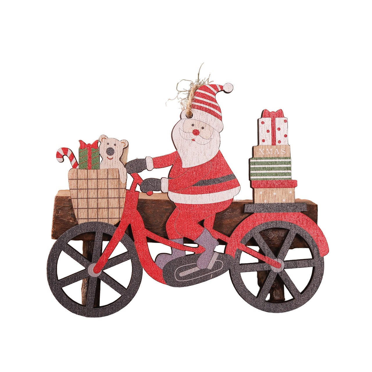 Decoratiune de Craciun din Lemn, Flippy, cu Snur pentru Agatare in Brad, Model Mos Craciun pe Bicicleta, 10.3x11.5x0.5 cm, Multicolor-0