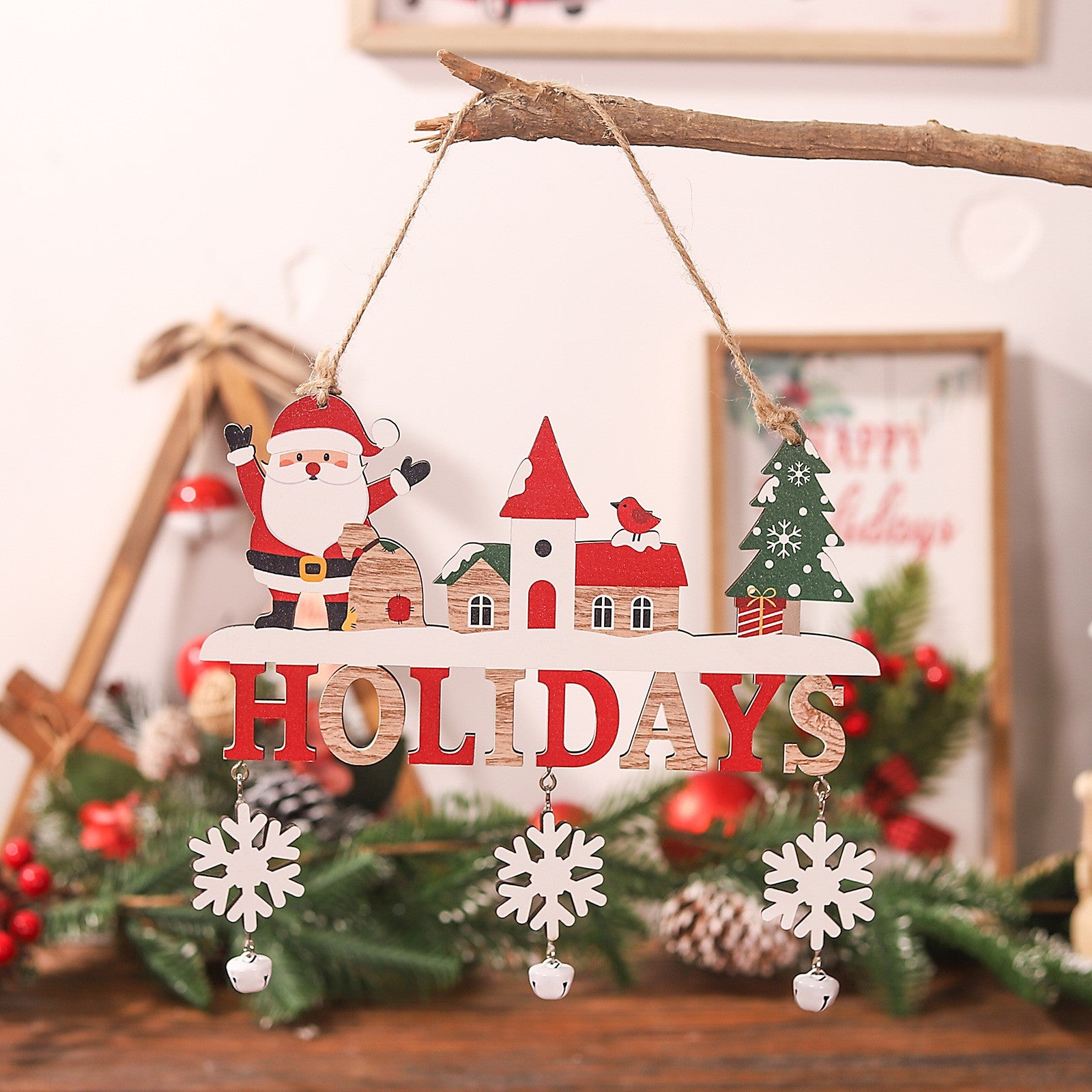 Decoratiune de Craciun din Lemn, Flippy, cu Snur pentru Agatare in Brad, Model Mos Craciun, Scris Let It Snow, 21.9x19 cm, Multicolor-3