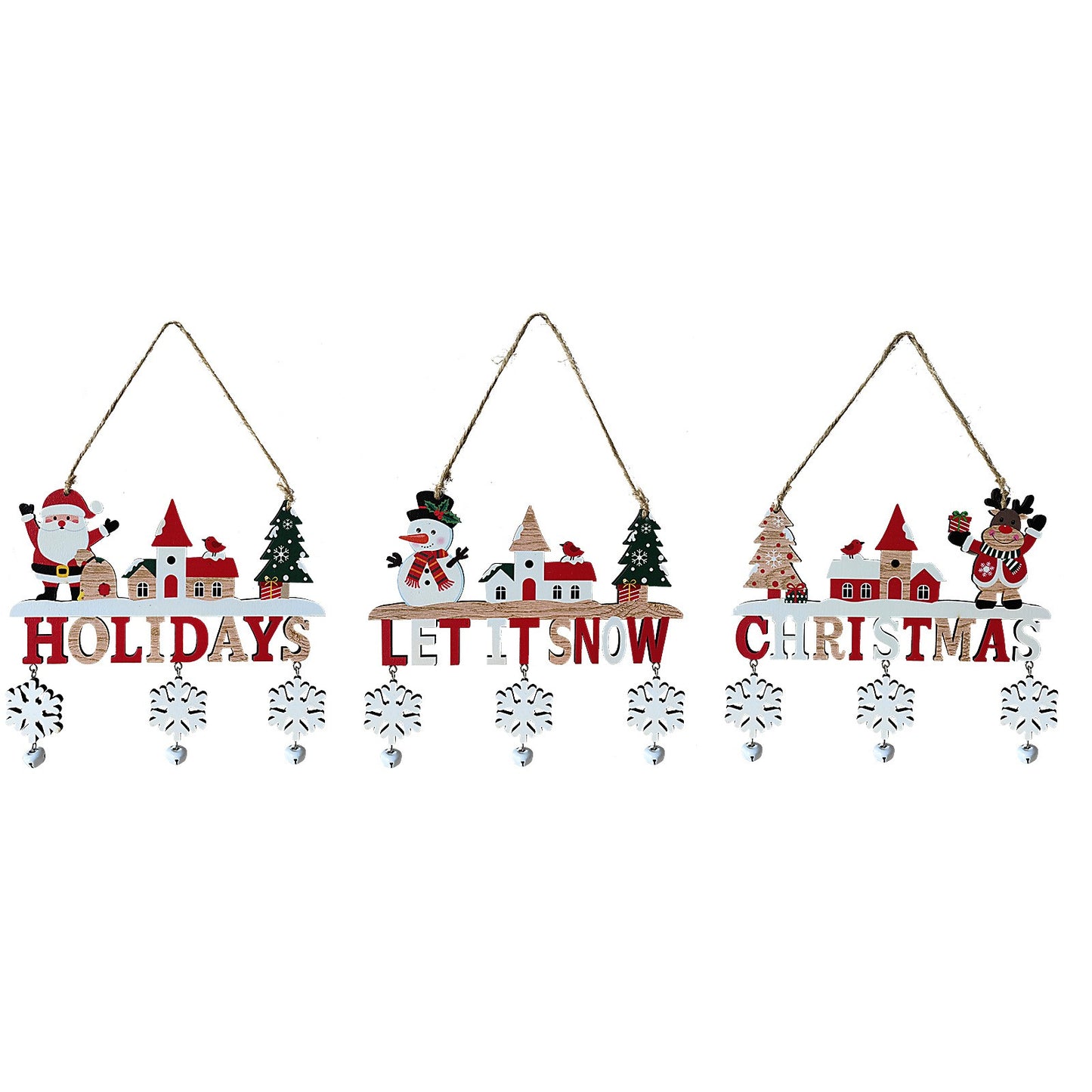 Decoratiune de Craciun din Lemn, Flippy, cu Snur pentru Agatare in Brad, Model Mos Craciun, Scris Let It Snow, 21.9x19 cm, Multicolor-4
