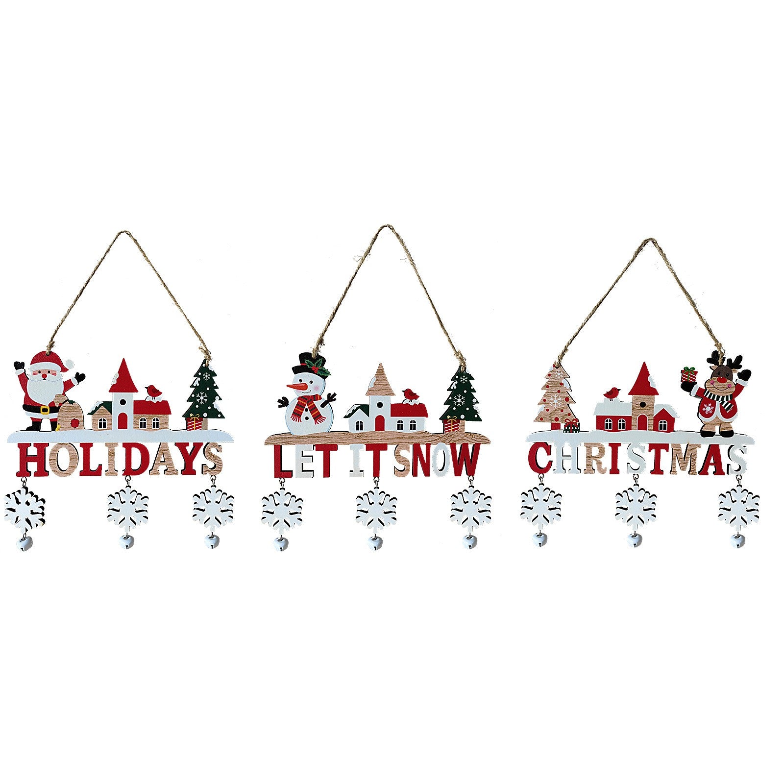 Decoratiune de Craciun din Lemn, Flippy, cu Snur pentru Agatare in Brad, Model Mos Craciun, Scris Let It Snow, 21.9x19 cm, Multicolor-4