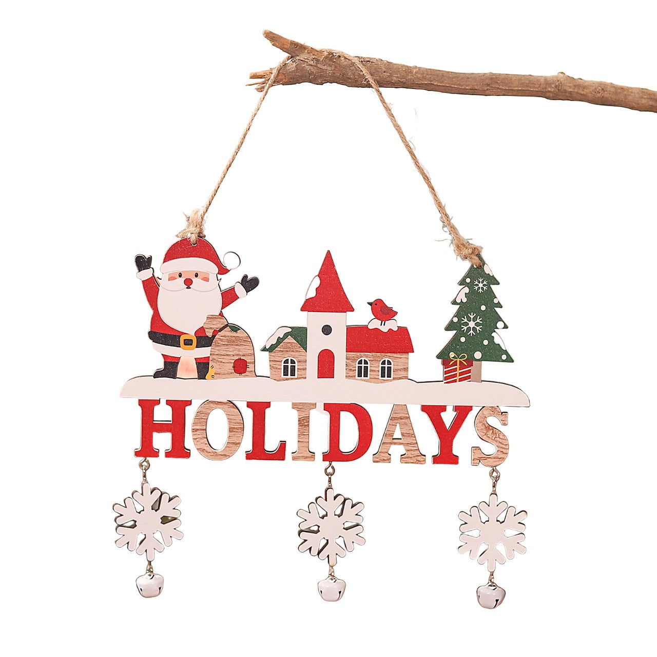 Decoratiune de Craciun din Lemn, Flippy, cu Snur pentru Agatare in Brad, Model Mos Craciun, Scris Let It Snow, 21.9x19 cm, Multicolor-0