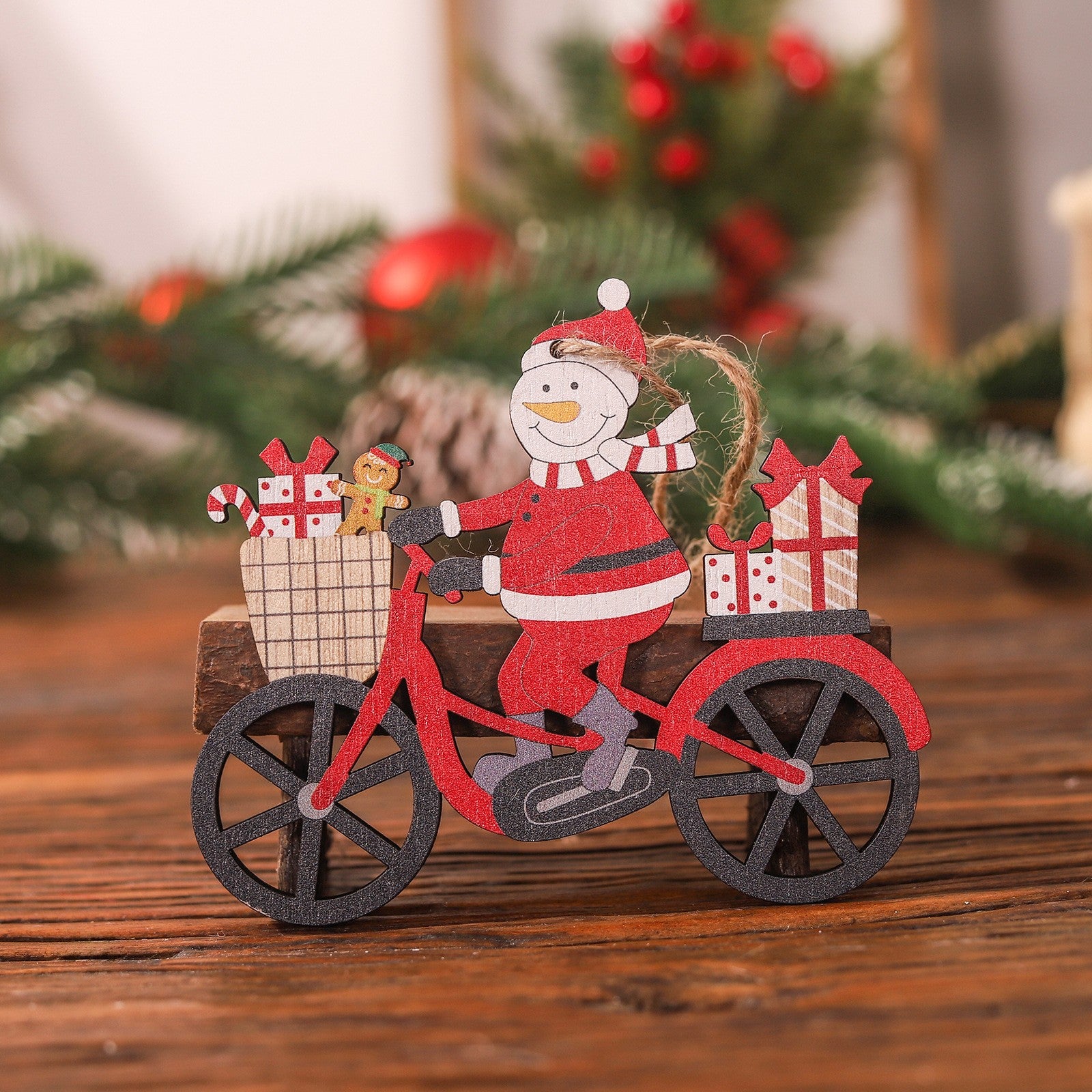 Decoratiune de Craciun din Lemn, Flippy, cu Snur pentru Agatare in Brad, Model Om de Zapada pe Bicicleta, 10.3x11.5x0.5 cm, Multicolor-1