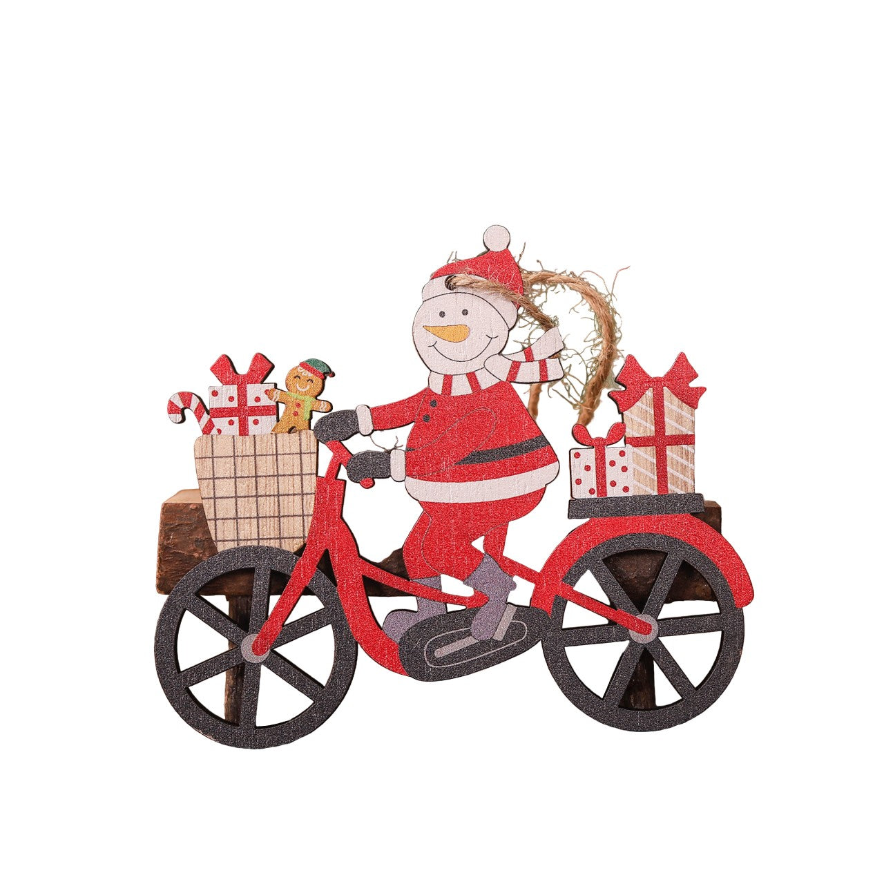 Decoratiune de Craciun din Lemn, Flippy, cu Snur pentru Agatare in Brad, Model Om de Zapada pe Bicicleta, 10.3x11.5x0.5 cm, Multicolor-0