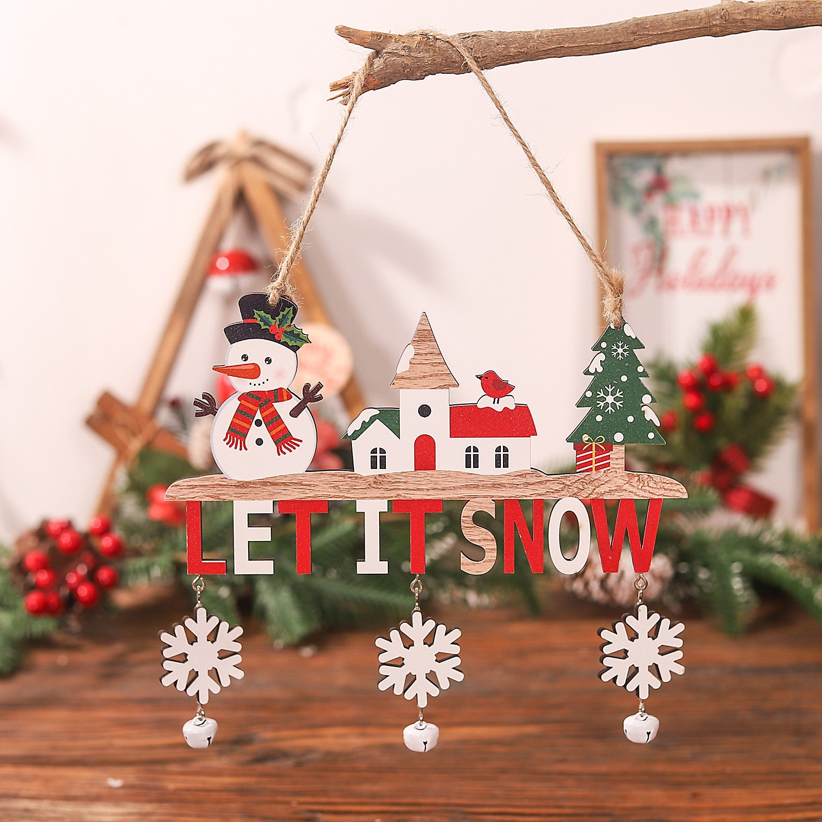 Decoratiune de Craciun din Lemn, Flippy, cu Snur pentru Agatare in Brad, Model Om de Zapada, Scris Let It Snow, 21.9x19 cm, Multicolor-2