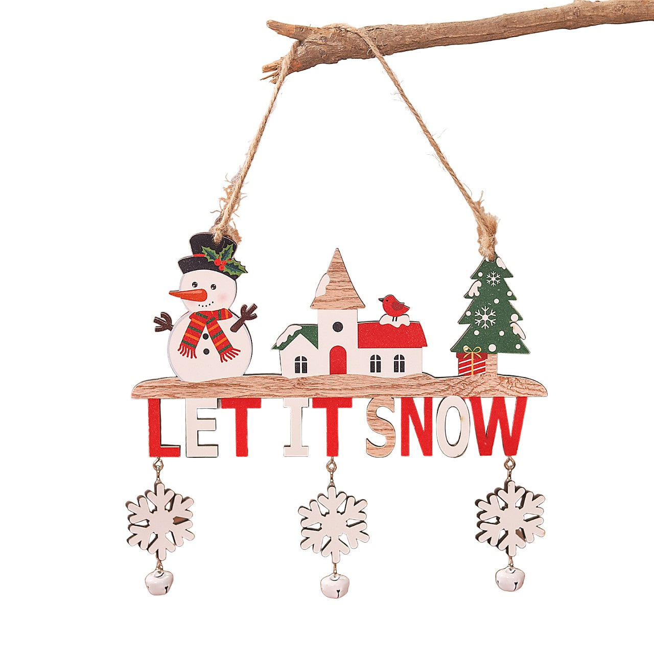 Decoratiune de Craciun din Lemn, Flippy, cu Snur pentru Agatare in Brad, Model Om de Zapada, Scris Let It Snow, 21.9x19 cm, Multicolor-0