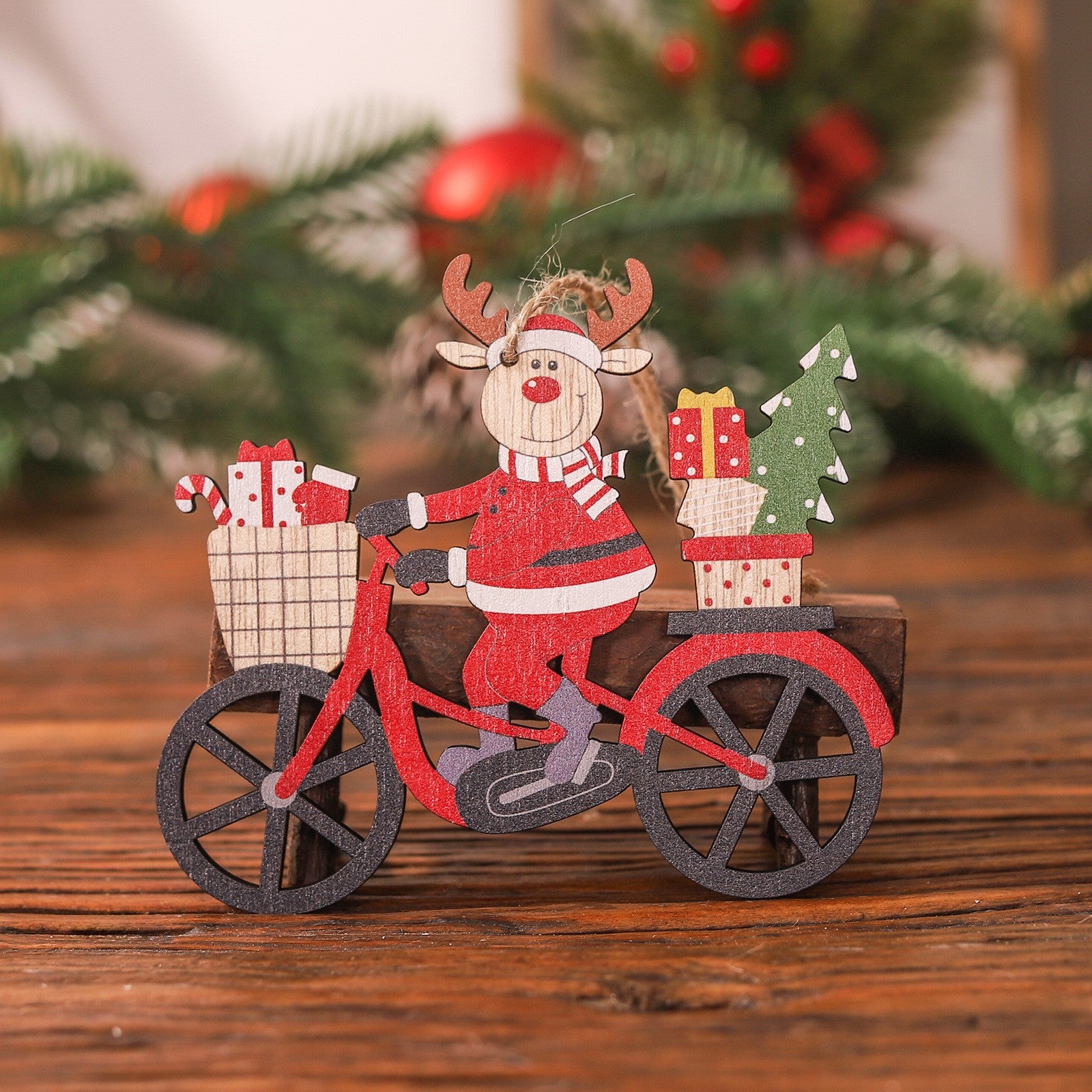 Decoratiune de Craciun din Lemn, Flippy, cu Snur pentru Agatare in Brad, Model Ren pe Bicicleta, 10.3x11.5x0.5 cm, Multicolor-1