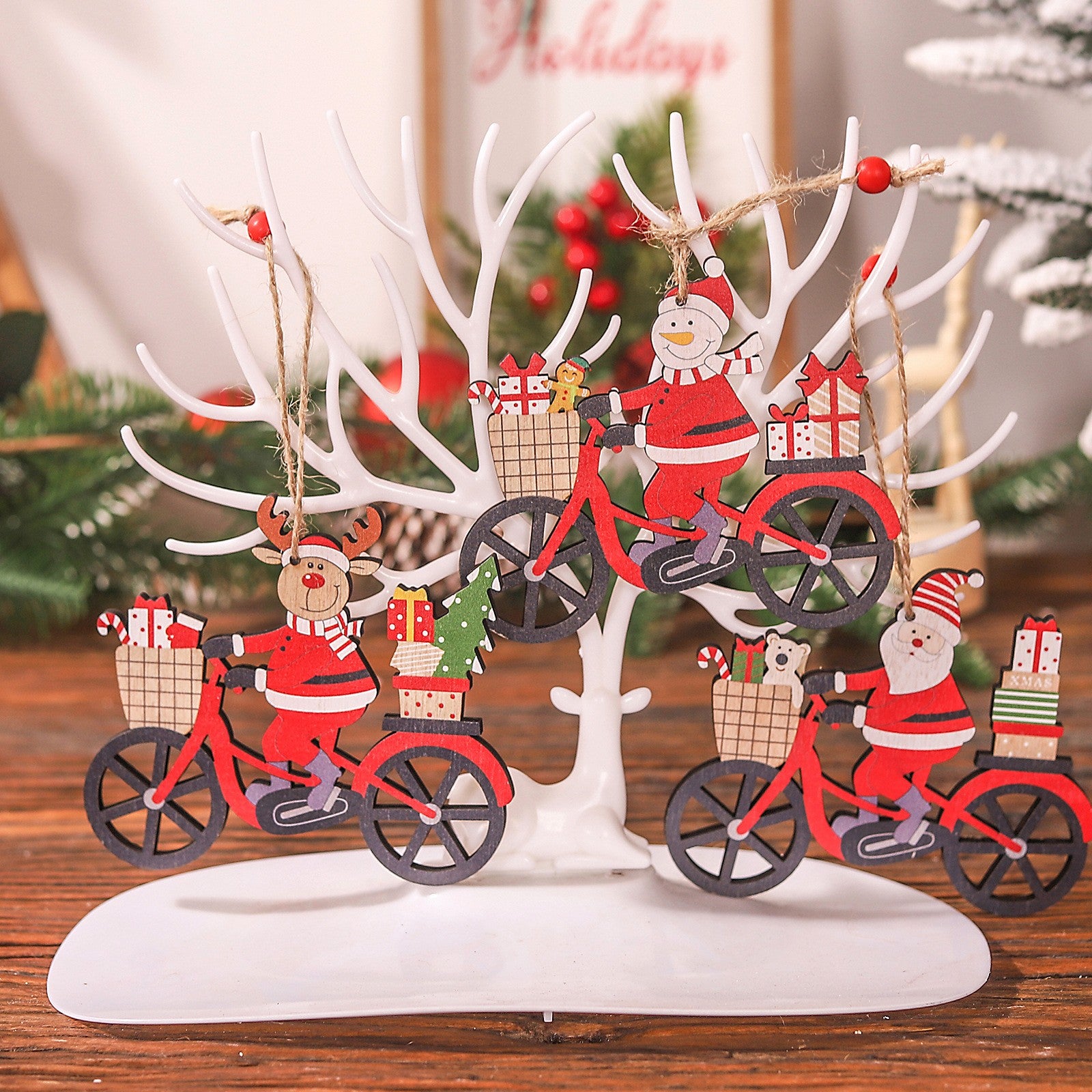 Decoratiune de Craciun din Lemn, Flippy, cu Snur pentru Agatare in Brad, Model Ren pe Bicicleta, 10.3x11.5x0.5 cm, Multicolor-4