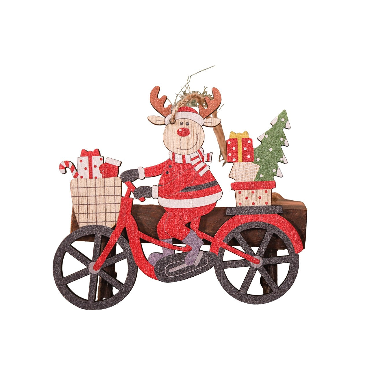 Decoratiune de Craciun din Lemn, Flippy, cu Snur pentru Agatare in Brad, Model Ren pe Bicicleta, 10.3x11.5x0.5 cm, Multicolor-0