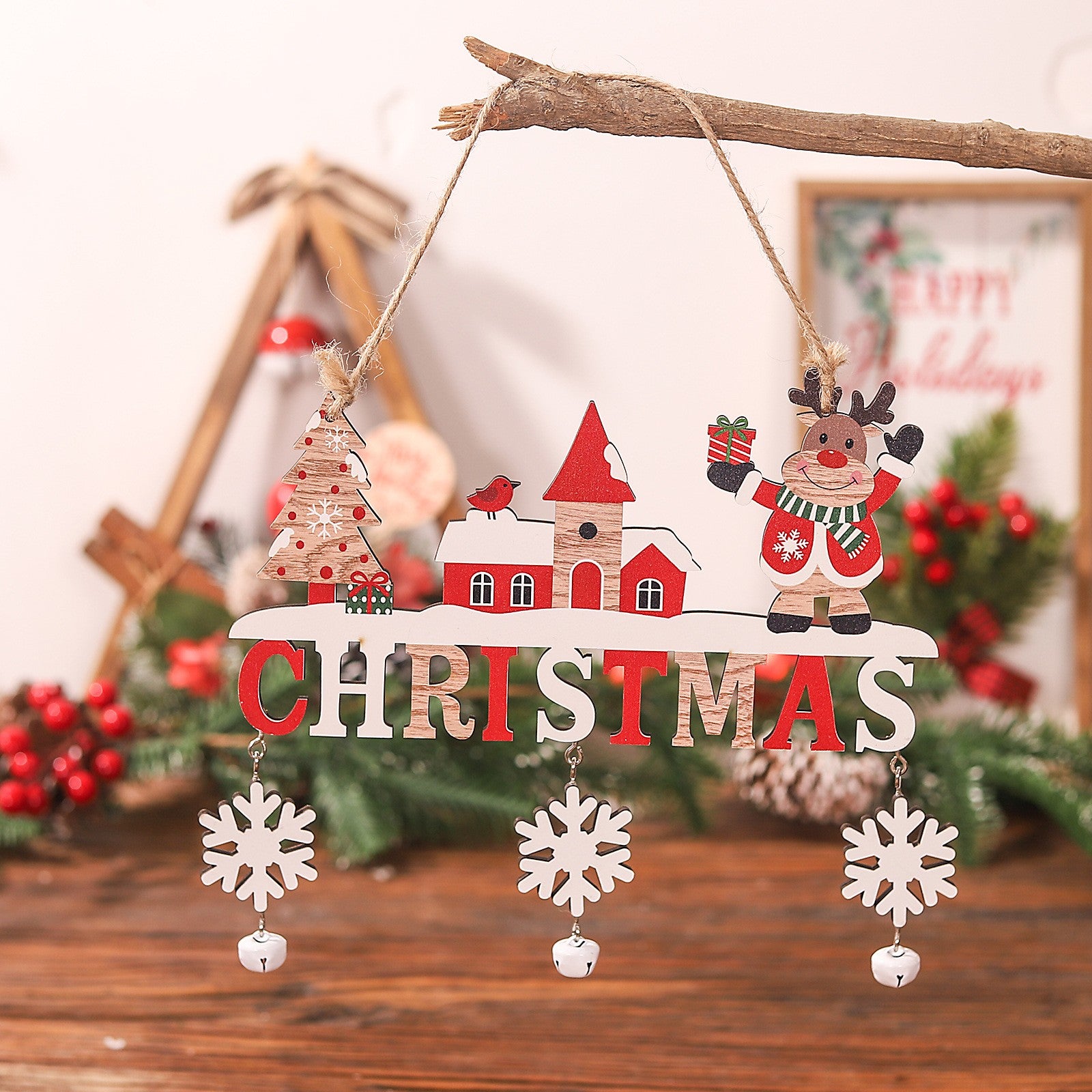 Decoratiune de Craciun din Lemn, Flippy, cu Snur pentru Agatare in Brad, Model Ren, Scris Let It Snow, 21.9x19 cm, Multicolor-2