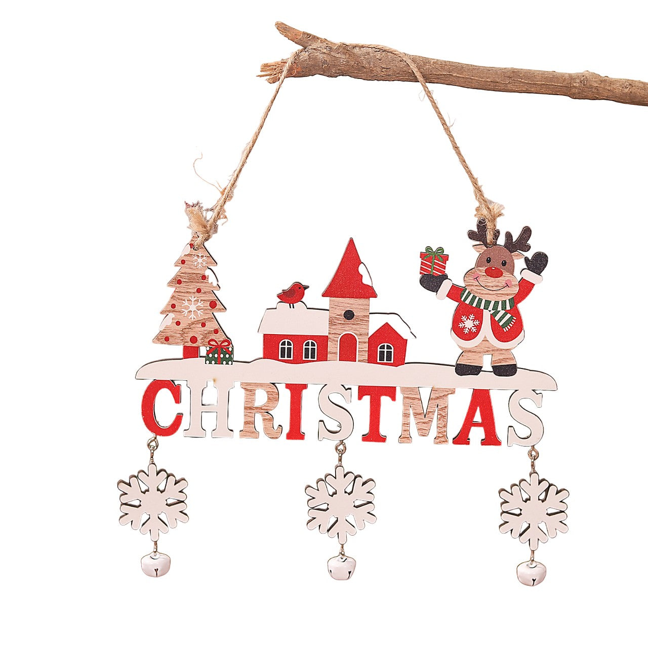 Decoratiune de Craciun din Lemn, Flippy, cu Snur pentru Agatare in Brad, Model Ren, Scris Let It Snow, 21.9x19 cm, Multicolor-0