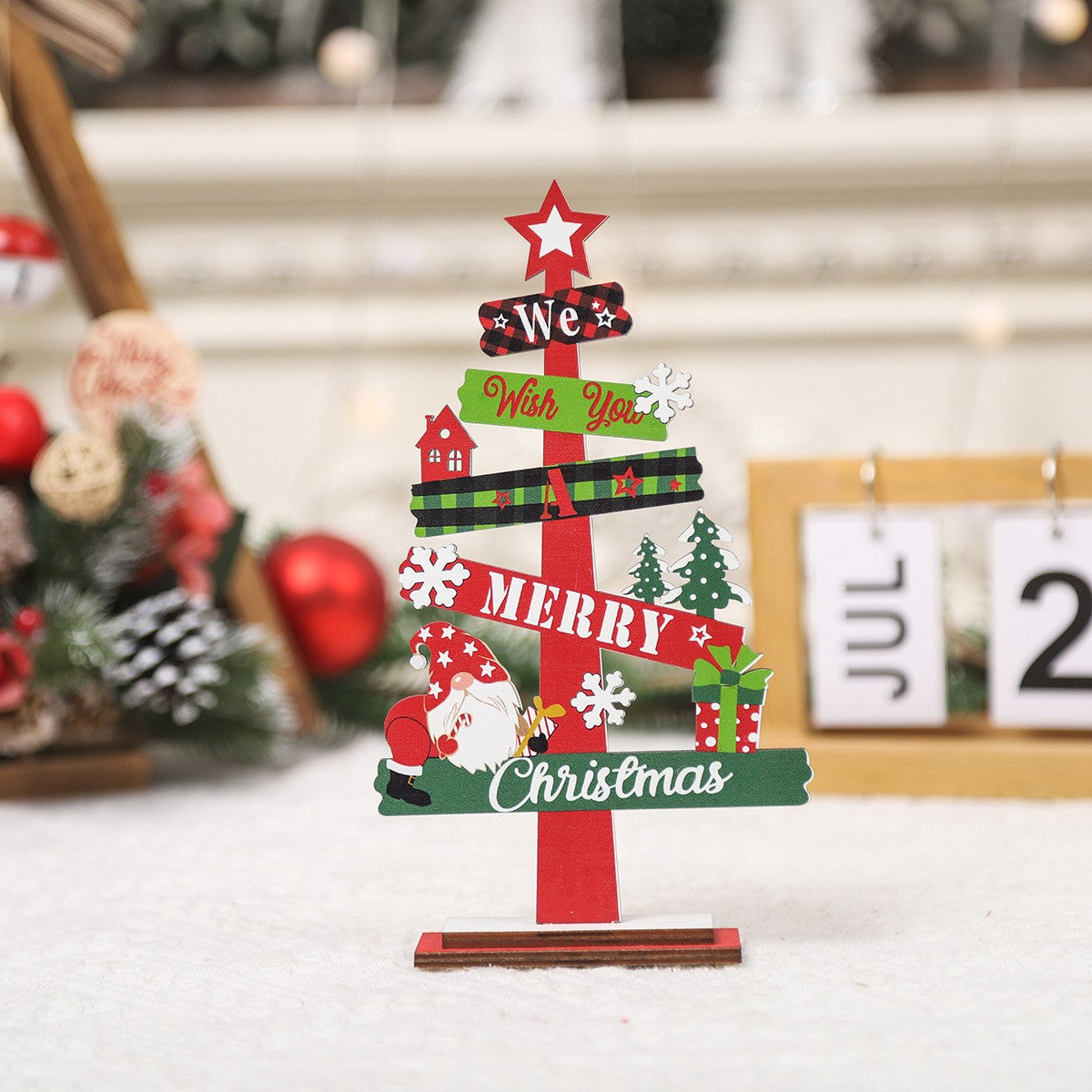 Decoratiune de Craciun din Lemn, Flippy, pentru Masa, Model Bradut, Scris We Wish You A Merry Christmas, 21.5x12.2x4 cm, Multicolor-3