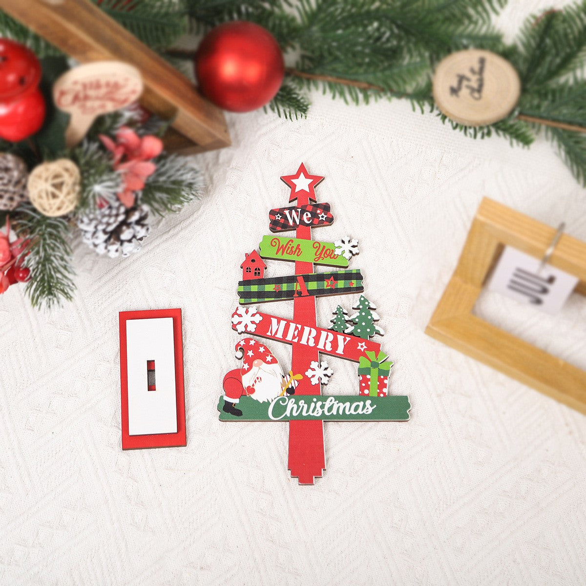 Decoratiune de Craciun din Lemn, Flippy, pentru Masa, Model Bradut, Scris We Wish You A Merry Christmas, 21.5x12.2x4 cm, Multicolor-5