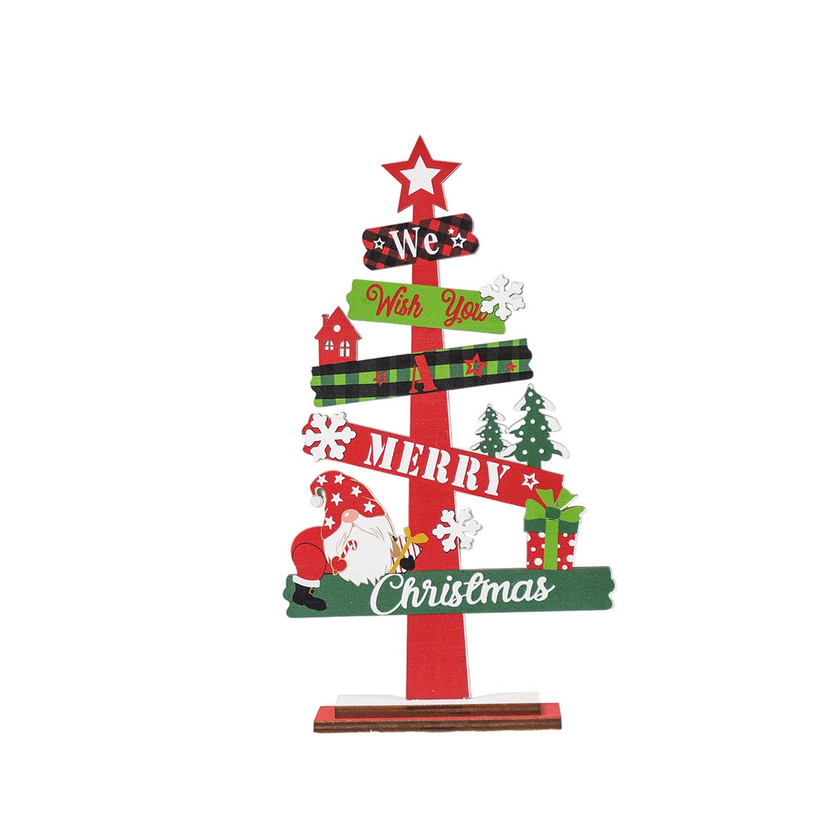 Decoratiune de Craciun din Lemn, Flippy, pentru Masa, Model Bradut, Scris We Wish You A Merry Christmas, 21.5x12.2x4 cm, Multicolor-0
